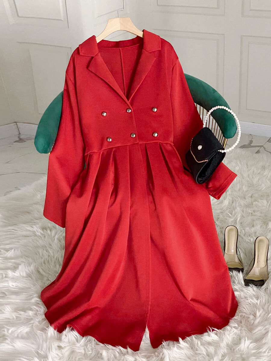 

LW BASICS Stylish Turndown Collar Ruffle Design Red Trench Coat