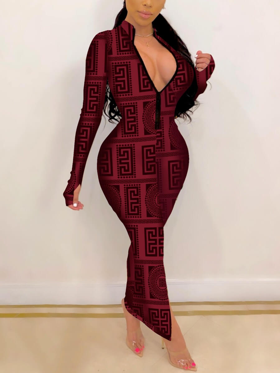 

Lovely Casual Geometric Print Zipper Design Dull Red Ankle Length Dress