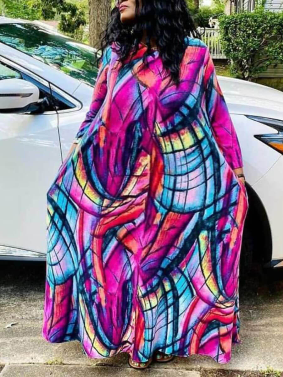 

Lovely Stylish Print Patchwork Loose Rose Maxi Dress