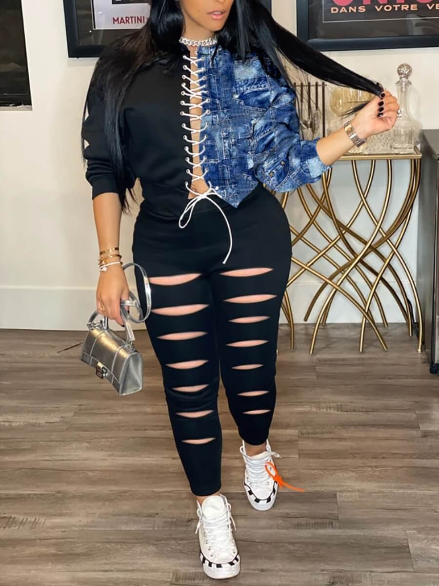 

Lovely Casual Bandage Hollow-out Design Ripped Black Two Piece Pants Set