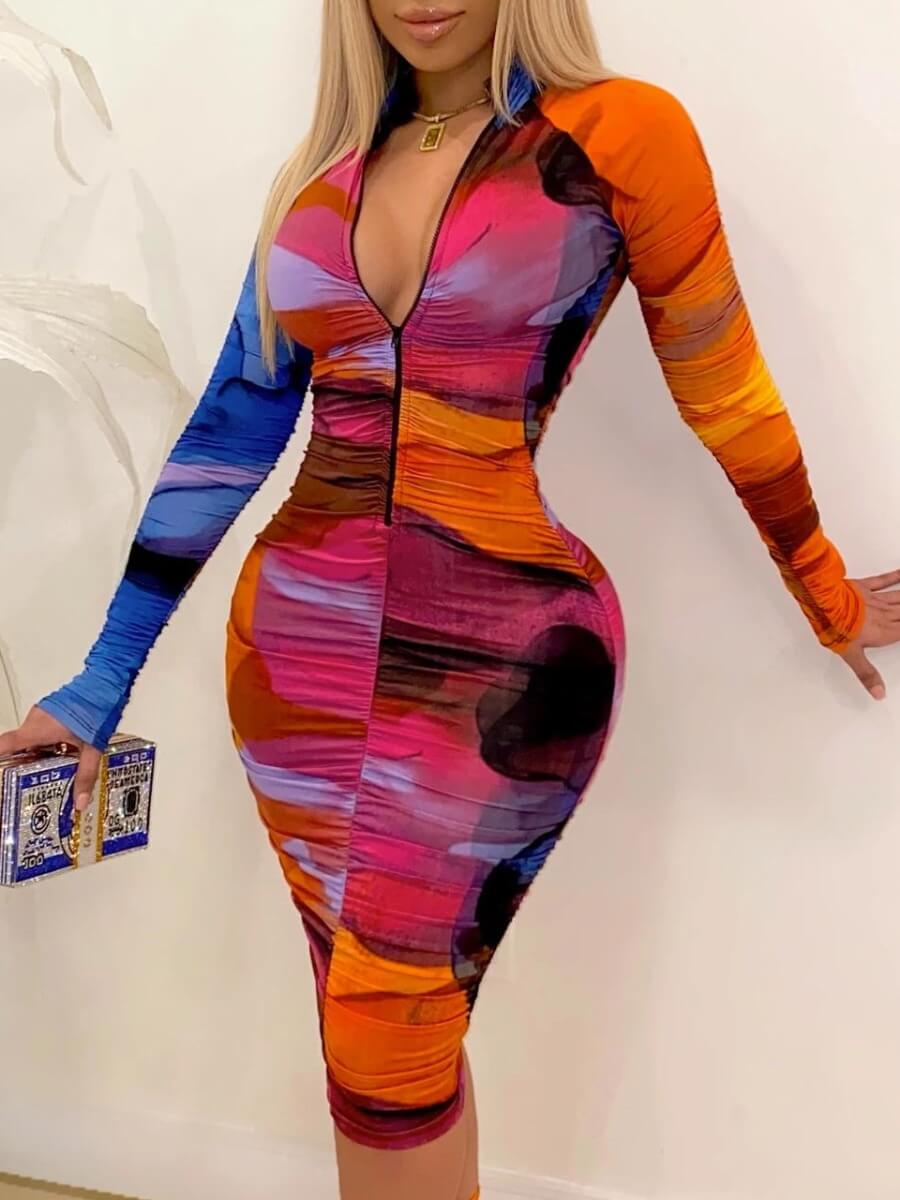 

Lovely Chic Tie-dye Zipper Design Pink Knee Length Dress