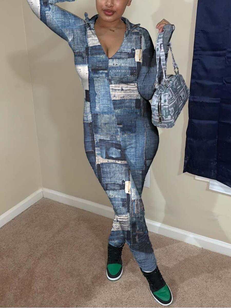

LW BASICS Casual Print Patchwork Blue One-piece Jumpsuit