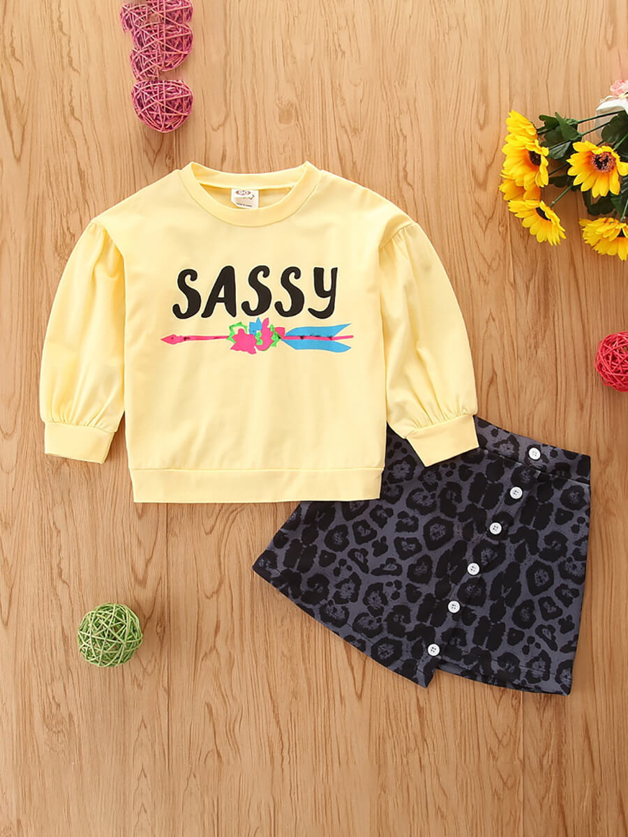 

Lovely Sweet Letter Leopard Print Patchwork Light Yellow Girl Two Piece Skirt Set