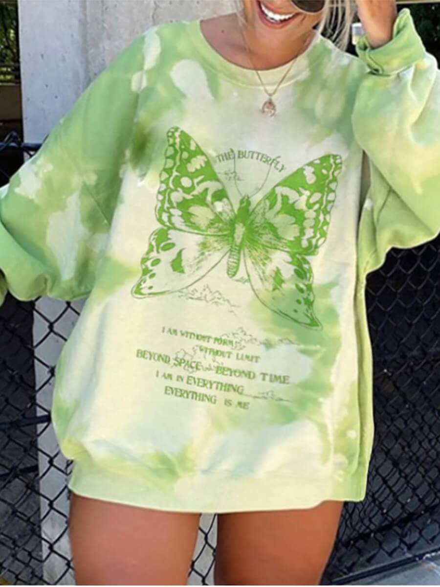 

Lovely Casual Tie-dye Butterfly Letter Print Green Plus Size Hoodie