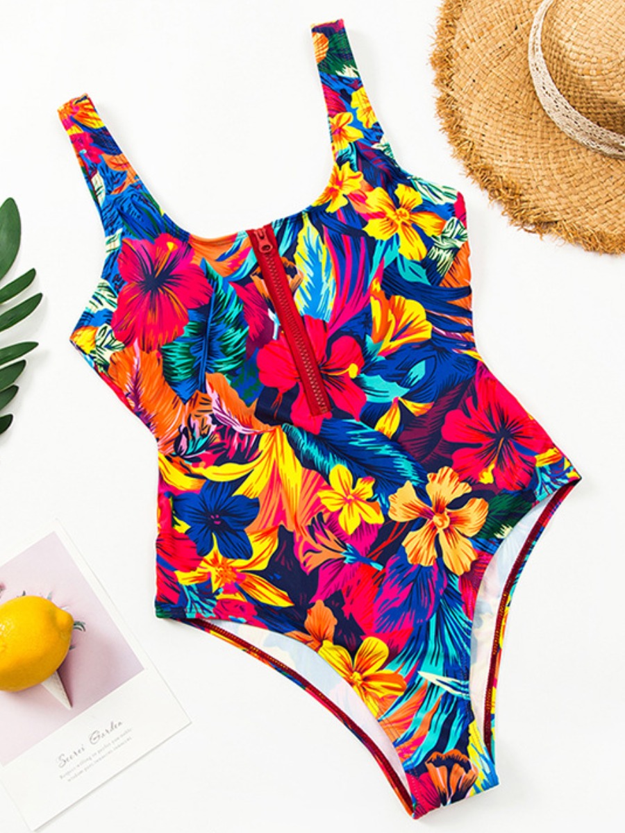 

Lovely Casual Floral Print Patchwork Rose Red One-piece Swimsuit