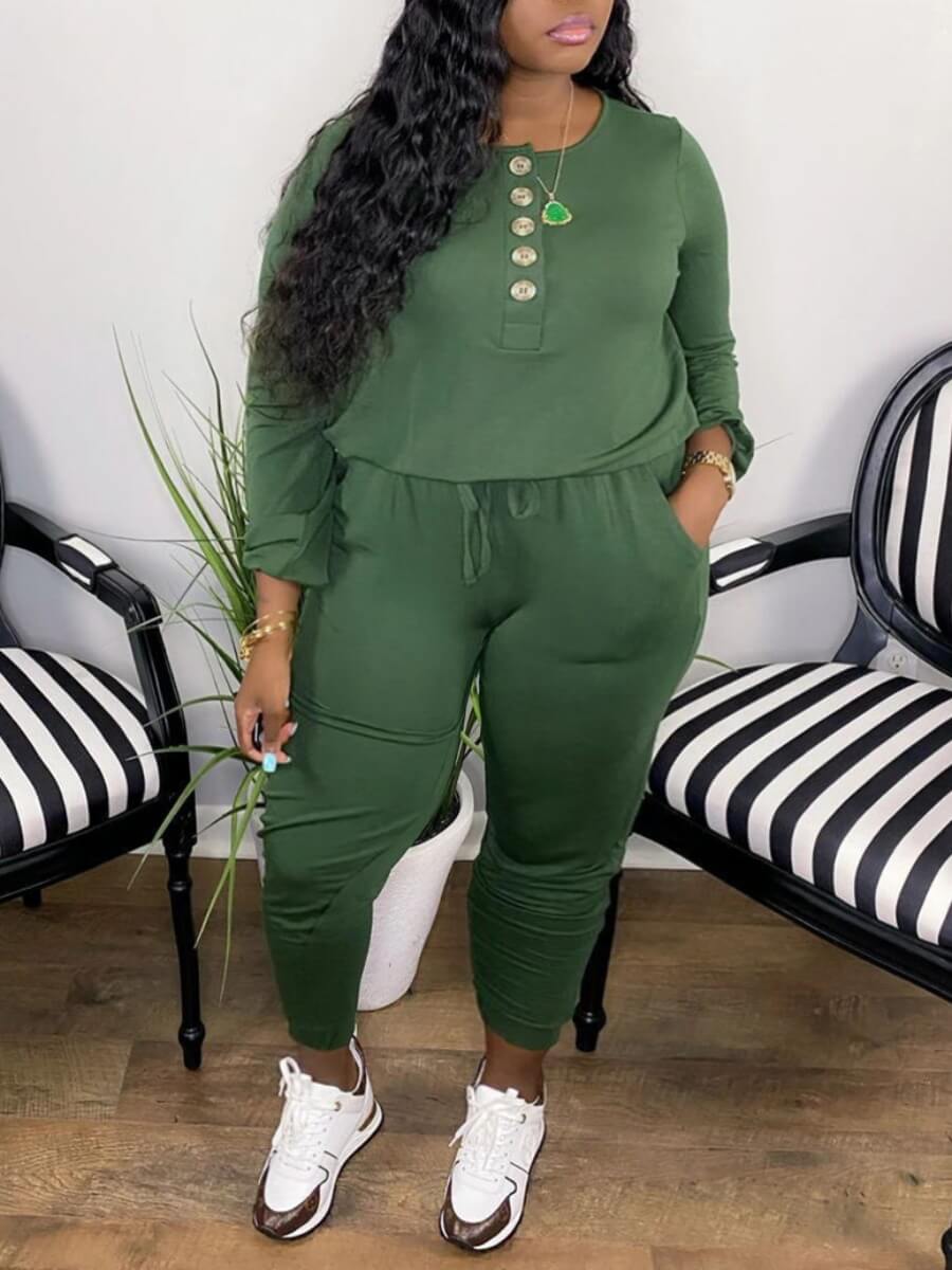 

Lovely Trendy Drawstring Button Design Army Green Plus Size One-piece Jumpsuit