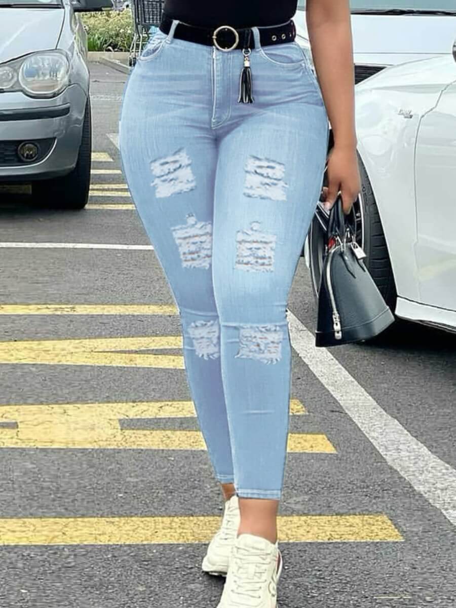 

Lovely Street High-waisted Broken Holes Baby Blue Jeans