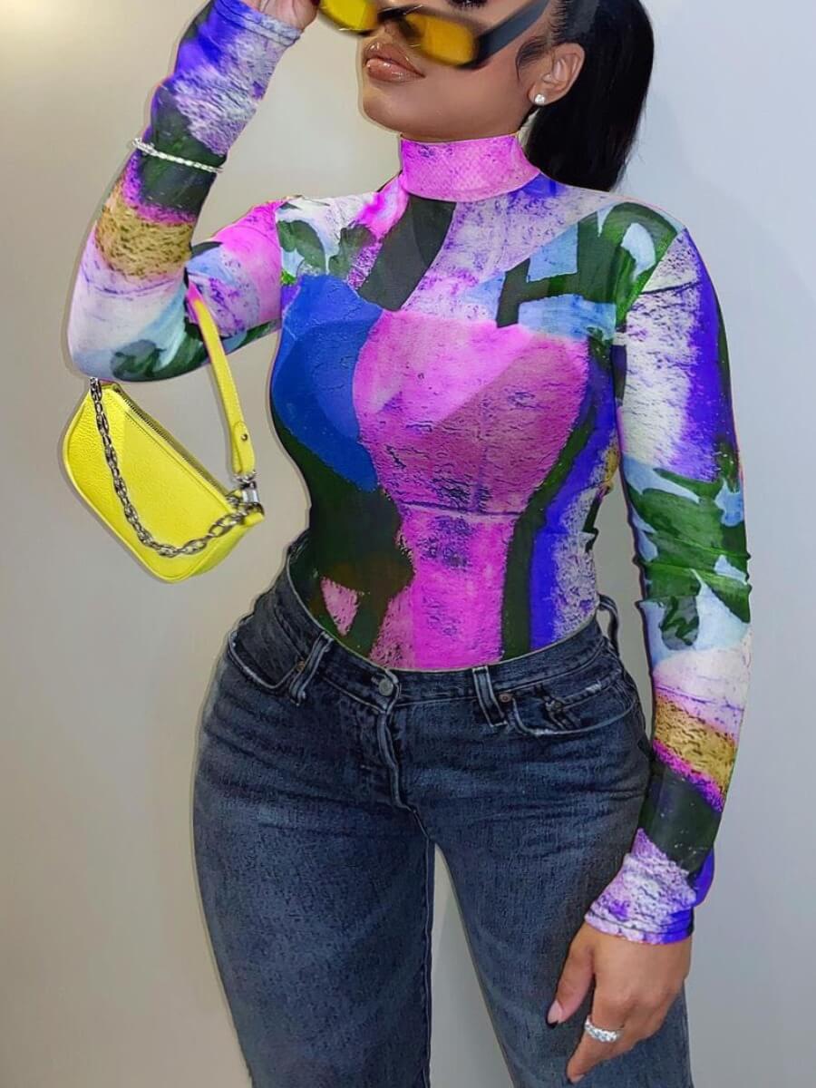 

Lovely Street Turtleneck Color-lump Print Purple Plus Size T-shirt