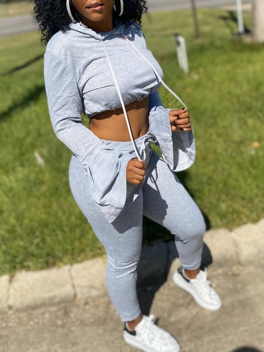 

Lovely Leisure Flared Drawstring Grey Two Piece Pants Set