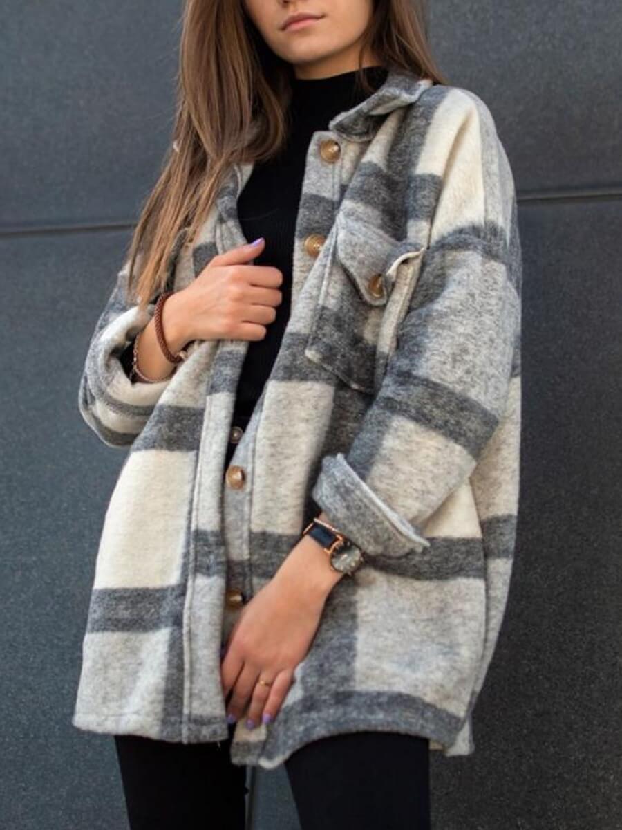 

Lovely Casual Plaid Print Pocket Design Grey Coat