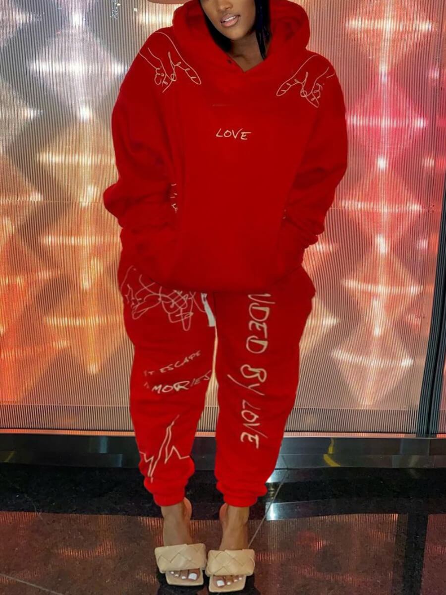 

Lovely Street Letter Print Kangaroo Pocket Red Two Piece Pants Set