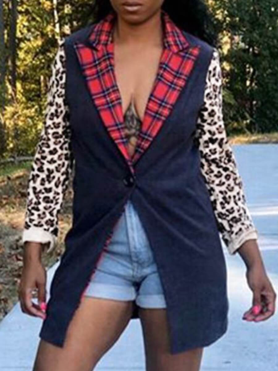 

Lovely Formal Plaid Leopard Print Black Coat