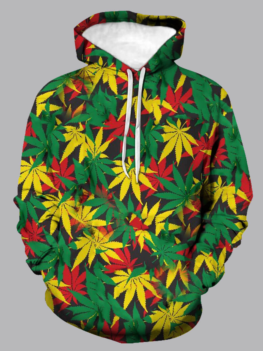 

Lovely Casual Leaf Print Patchwork Multicolor Men Hoodie, Multi