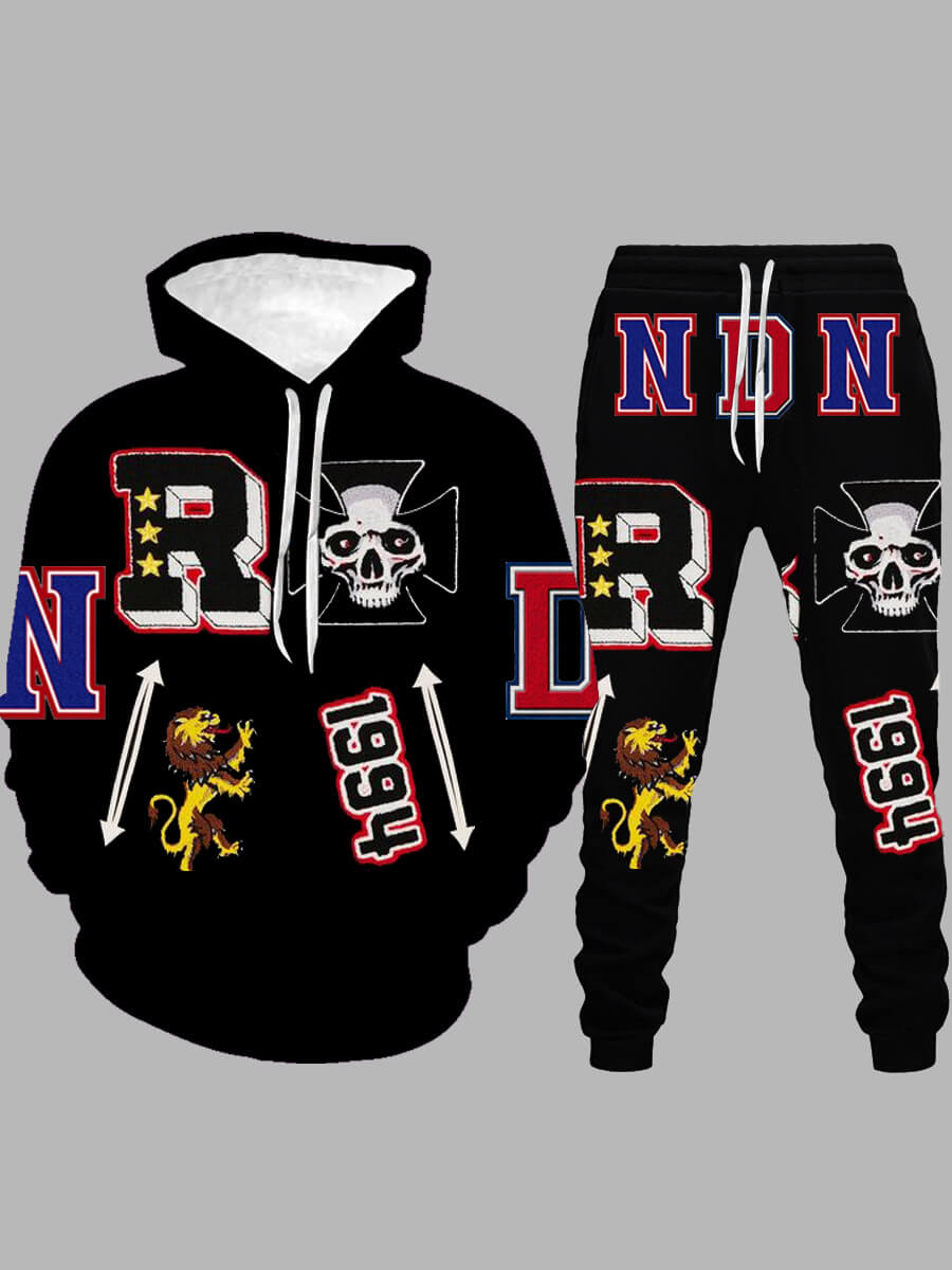 

LW Men Hooded Collar Print Pants Set, Black