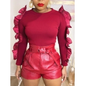 LW Round Neck Solid Ruffle Regular T-shirt