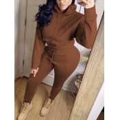 Lovely Casual Hooded Collar Basic Brown Two Piece 