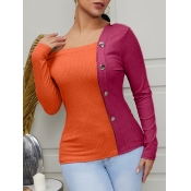 Lovely Street V Neck Buttons Design Rose Red Sweat