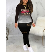 Lovely Casual Tie Dye Lip Print Black Two Piece Pa