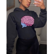 Lovely Leisure Hooded Collar Print Black Hoodie
