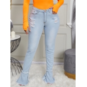 Lovely Stylish High-waisted Broken Holes Baby Blue