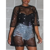 LW SXY Stylish O Neck See-through Black Mini Dress