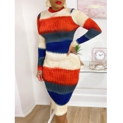 Lovely Sweet O Neck Striped Blue Knee Length Dress