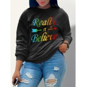 LW Casual Letter Print Black Hoodie