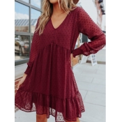 Lovely Casual V Neck Flounce Design Wine Red Knee 