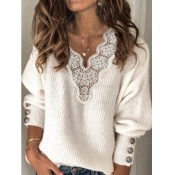 Lovely Casual V Neck Lace Patchwork White Sweater