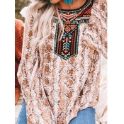 Lovely Stylish O Neck Print Patchwork Brown Blouse