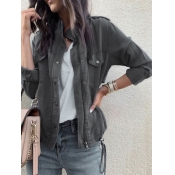 Lovely Casual Pocket Design Single Breasted Grey J