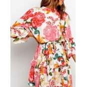 Lovely Stylish O Neck Floral Pink Mini Dress