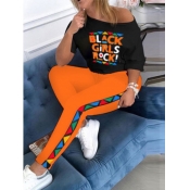LW Casual Letter Print Patchwork Orange Two Piece 