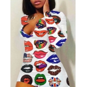Lovely Casual Lip Print Skinny White One-piece Rom