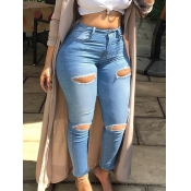Lovely Casual Hollow-out Blue Plus Size Jeans