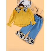 Lovely Trendy Shirt Collar Print Patchwork Yellow 