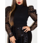 Lovely Stylish Turtleneck Mesh Patchwork Black Plu