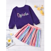 Lovely Casual O Neck Letter Print Purple Girl Twop