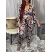 Lovely Casual V Neck Butterfly Print Khaki Plus Si