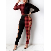 Lovely Sexy Plaid Print Patchwork Hollow-out Red A