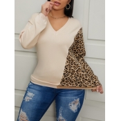 Lovely Trendy V Neck Leopard Print Patchwork Khaki
