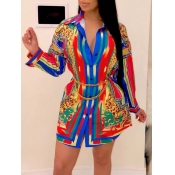 Lovely Casual Shirt-sleeve Print Patchwork Blue Mi