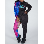 Lovely Casual Hooded Collar Print Patchwork Blue P