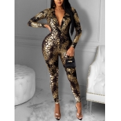 Lovely Sexy Deep V Neck Print Gold One-piece Jumps