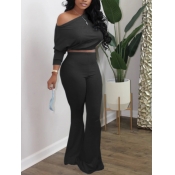 Lovely Chic Flared Crop Top Black Two Piece Pants 