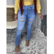 Lovely Trendy High-waisted Ripped Baby Blue Jeans