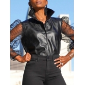 Lovely Street Mesh Patchwork Button Design Black B