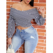LW Trendy Dew Shoulder Striped Black Blouse