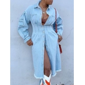 Lovely Casual Raw Edge Button Design Baby Blue Den