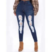 Lovely Street Broken Holes High-waisted Blue Jeans